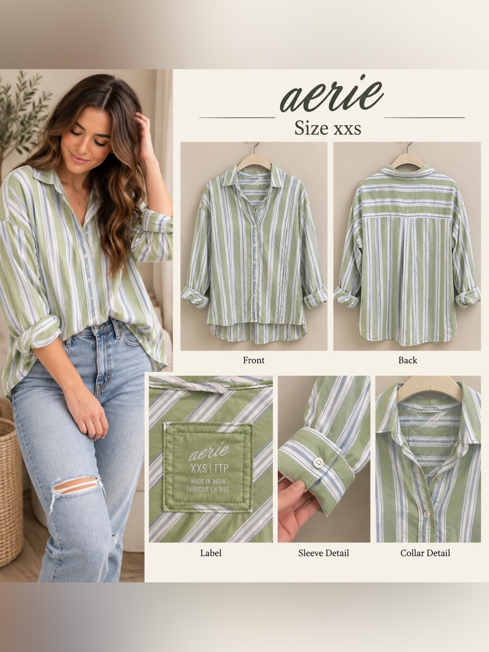 aerie Striped Button-Down Shirt in Sage Green and White